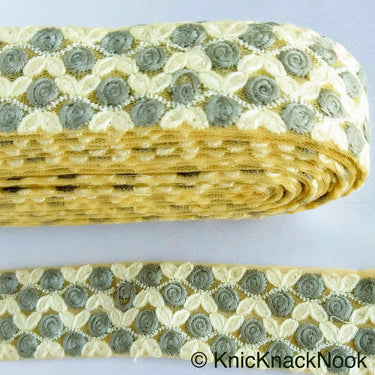 Beige Net Trim With Embroidered Roses, Off White and Grey Floral Trim, Approx. 36mm wide - 210119L465